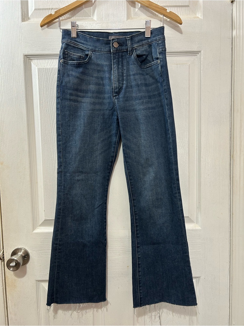 DL1961 Bridget Boot Crop Jeans 26 High Rise Instasculpt Raw Hem Dark Wash Denim